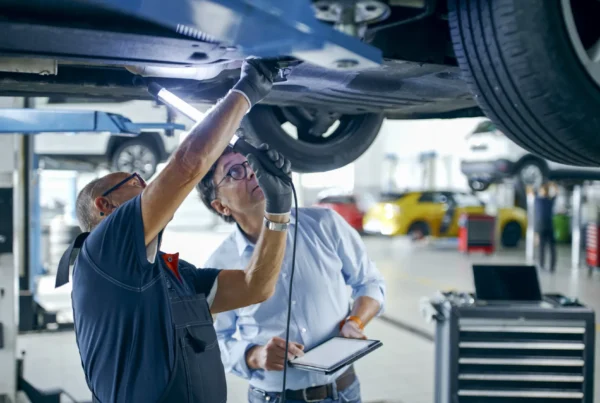 A mechanic shines a work light on the underside of a car raised on a lift while a man holding a tablet looks up at it.